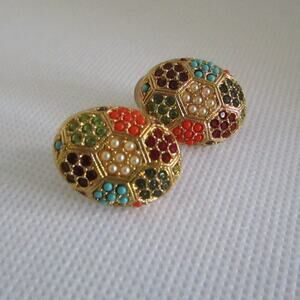 Vintage D’Orlan Multicolor Mosaic ClipOn Post Earrings Gold Tone Round Retroglam